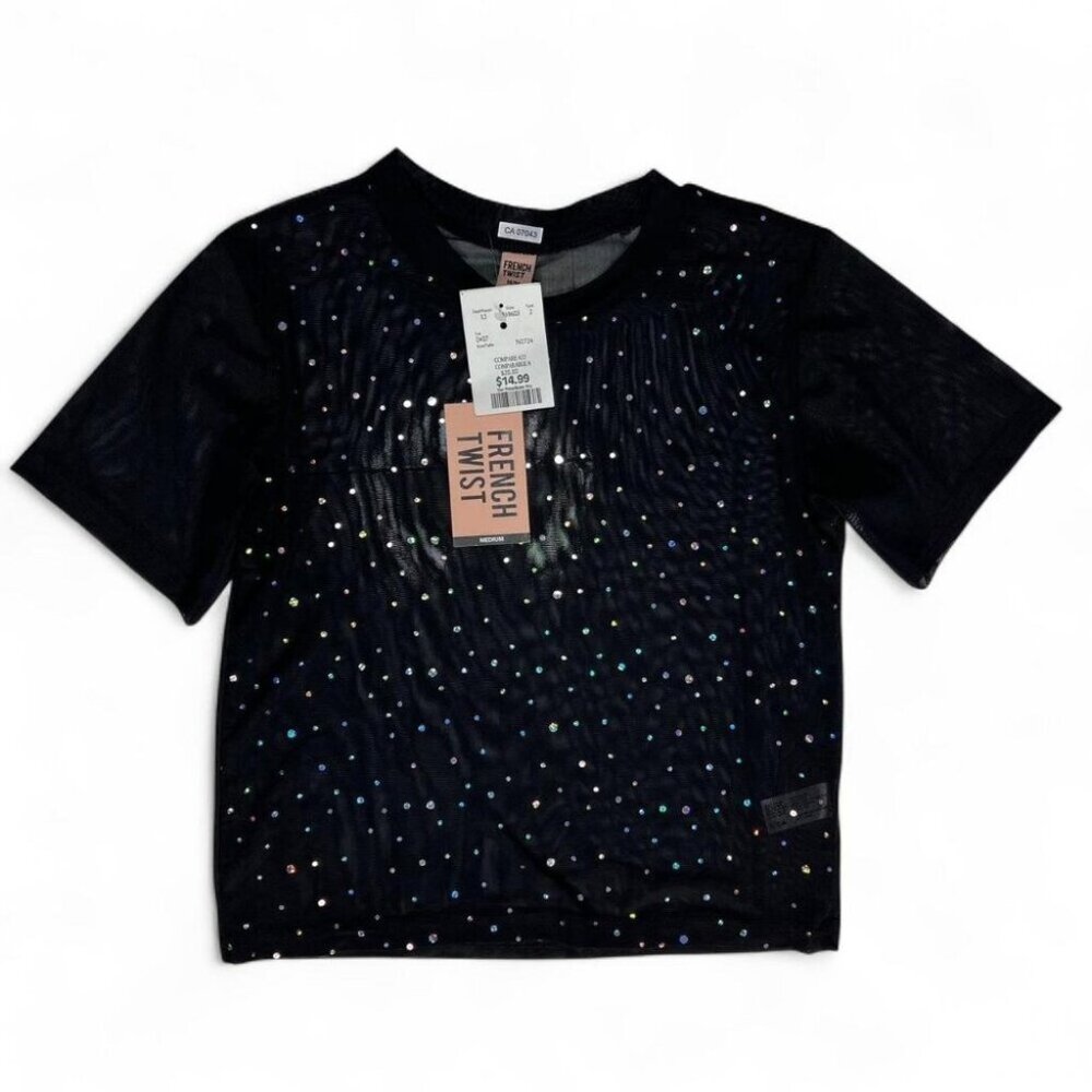 Black mesh top with multi-coloured rhinestone details #partytop